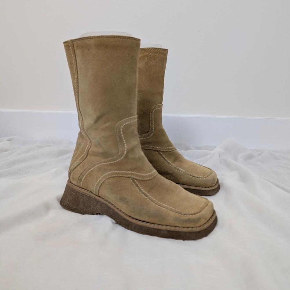 Suede Boots Wedges Calf Height Size 7.5 Square Toe - Picture 8 of 14